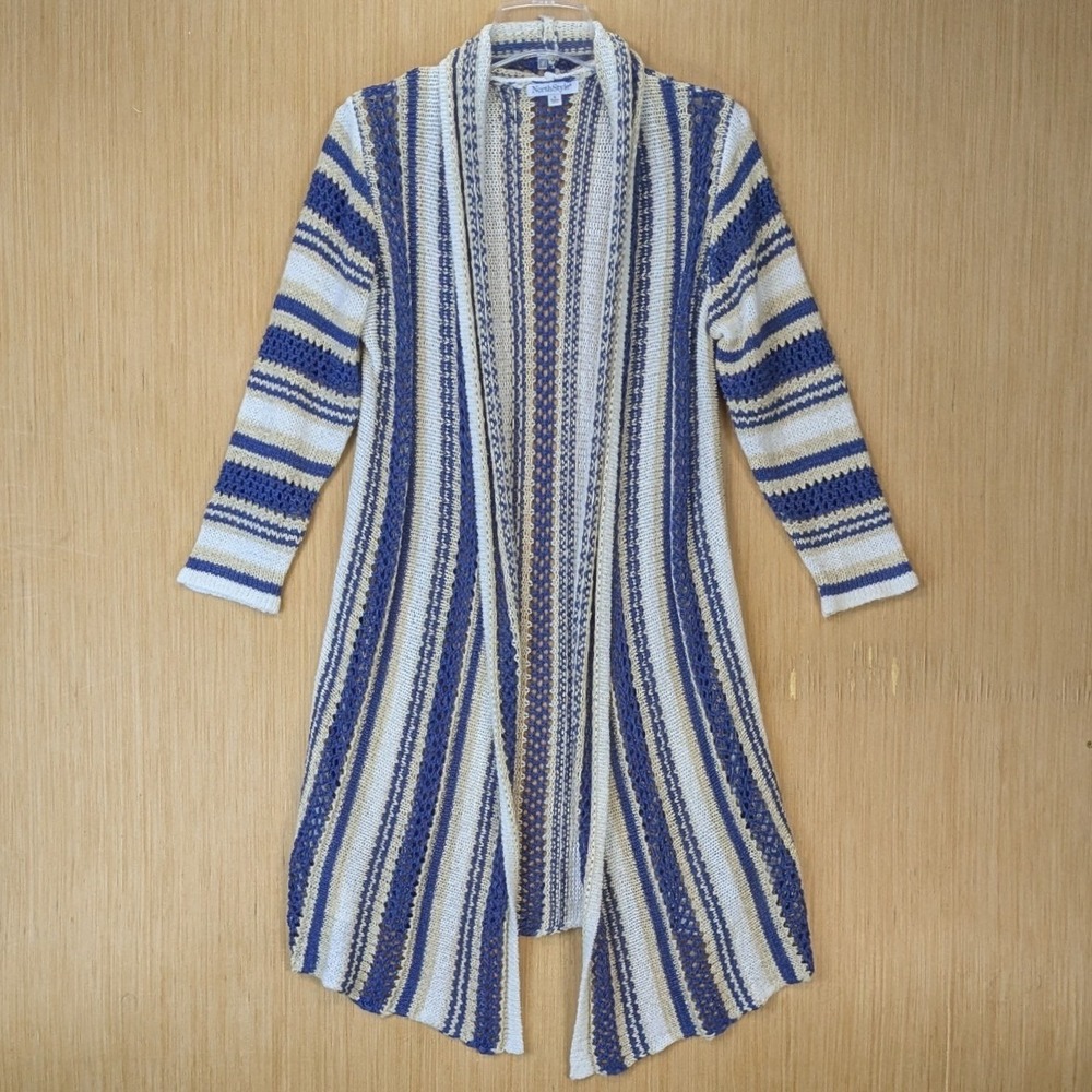 NorthStyle Womens Striped Crochet Open Front Duster Cardigan Size S Blue Cream